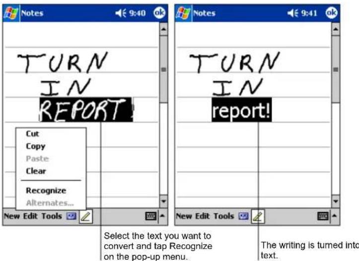 Notes TURN IN REPORT Cut Copy Paste Clear Recognize Alternates... New Edit Tools Select the text you want to convert and tap Recognize on the pop-up menu. New Edit Tools TURN IN report! The writing is turned into text.