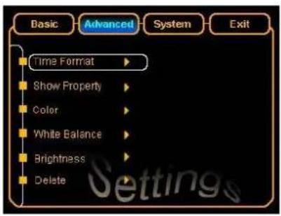 Basic Advanced System Exit Time Format Show Property Color White Balance Brightness Delete