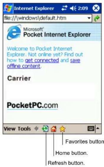 Microsoft® Pocket Internet Explorer Welcome to Pocket Internet Explorer. Not online yet? Find out how to get connected and save offline content. Carrier PocketPC.com View Tools Favorites button Home button. Refresh button.
