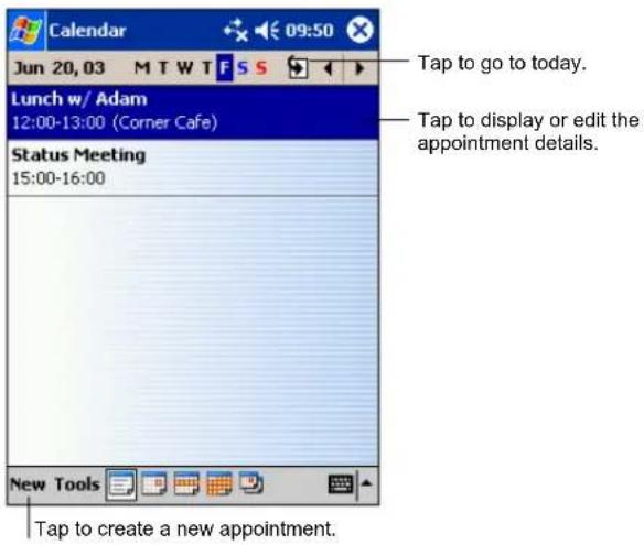 Calendar Jun 20, 03 M T W T F S S Lunch w/ Adam 12:00-13:00 (Corner Cafe) Status Meeting 15:00-16:00 New Tools Tap to go to today. Tap to display or edit the appointment details. Tap to create a new appointment.