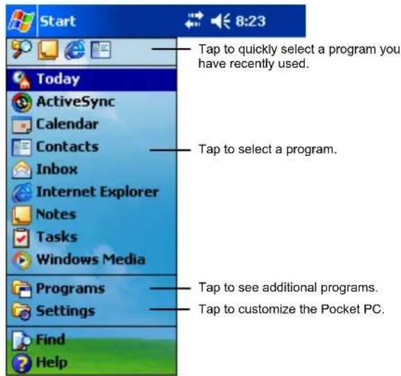 Start 8:23 Today ActiveSync Calendar Contacts Inbox Internet Explorer Notes Tasks Windows Media Programs Settings Find Help Tap to quickly select a program you have recently used. Tap to select a program. Tap to see additional programs. Tap to customize the Pocket PC.
