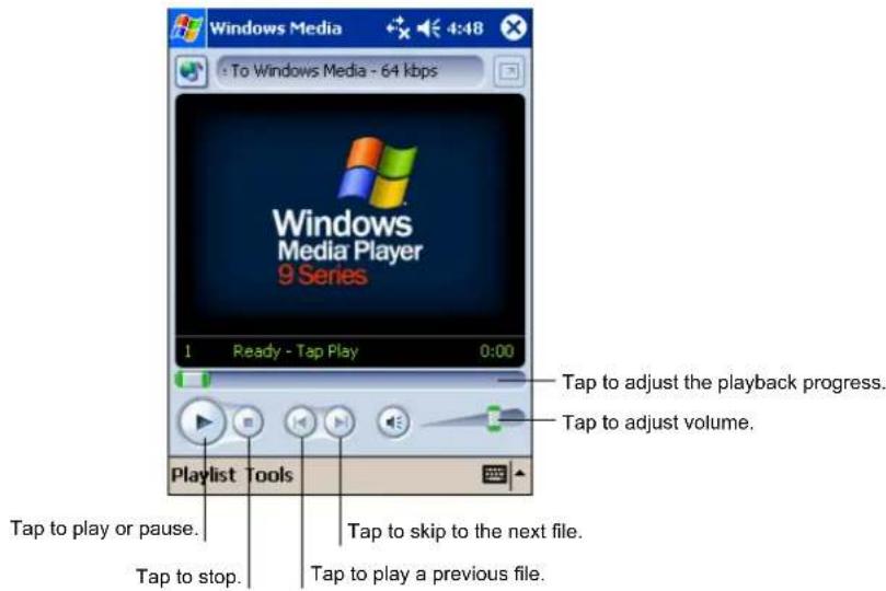 Windows Media 4:48 To Windows Media - 64 kbps 1 Ready - Tap Play 0:00 Tap to adjust the playback progress. Tap to adjust volume. Playlist Tools Tap to play or pause. Tap to stop. Tap to skip to the next file. Tap to play a previous file.