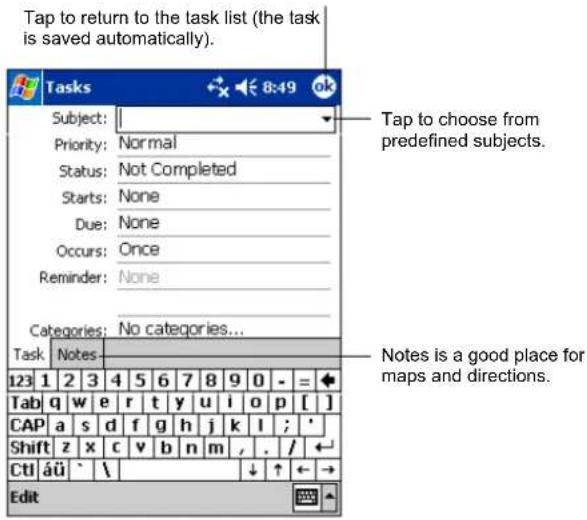 Tap to return to the task list (the task is saved automatically). Tasks Subject: Priority: Normal Status: Not Completed Starts: None Due: None Occurs: Once Reminder: None Categories: No categories... Task Notes: 123 1 2 3 4 5 6 7 8 9 0 - = + Tab q w e r t y u i o p [ ] CAP a s d f g h j k l ; ' Shift z x c v b n m , . / ← CtI áü ` \ Edit
