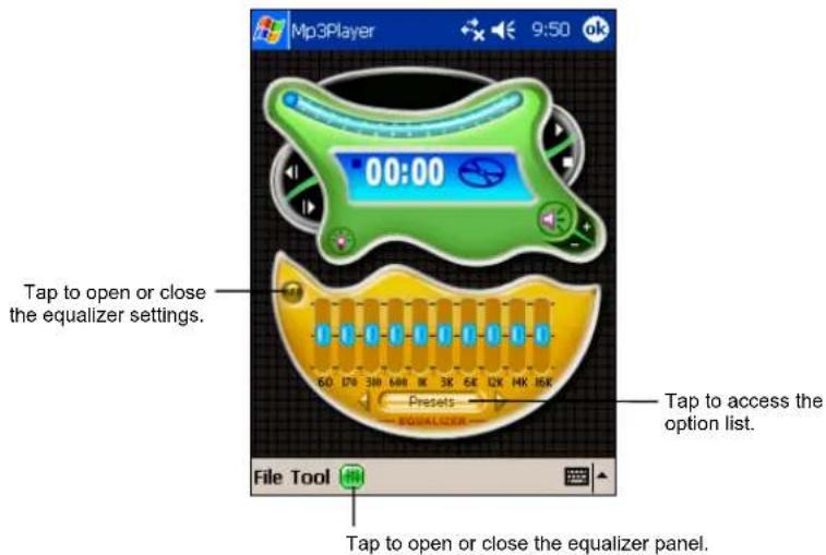 Mp3Player 9:50 ok 00:00 Tap to open or close the equalizer settings. 60 120 30 648 1K 3K 5K 12K 16K Presets Equalizer Tap to access the option list. File Tool Tap to open or close the equalizer panel.