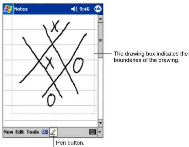 Notes 9:46 ok x x o O The drawing box indicates the boundaries of the drawing. New Edit Tools Pen button.