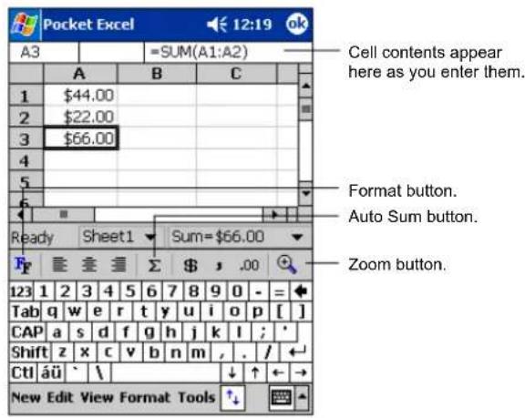 Pocket Excel A3 =SUM(A1:A2) Cell contents appear here as you enter them. 1 $44.00 2 $22.00 3 $66.00 4 5 6 Format button. Auto Sum button. Ready Sheet1 Sum=$66.00 F Σ $ , .00 123 1 2 3 4 5 6 7 8 9 0 - = Tab q w e r t y u i o p [ ] CAP a s d f g h j k l ; * Shift z x c v b n m , . / ← CtI áü ` \ ↓ ↑ ← → New Edit View Format Tools