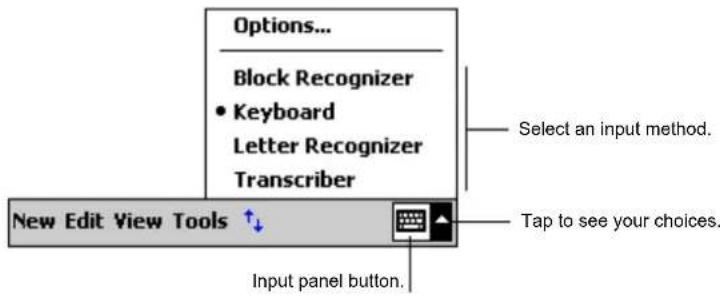 Options... Block Recognizer • Keyboard Letter Recognizer Transcriber New Edit View Tools ↑↓ Input panel button. Select an input method. Tap to see your choices.