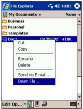 File Explorer My Documents Name Business Personal Templates Cut Copy Rename Delete Send via E-mail... Beam File... Edit Op...