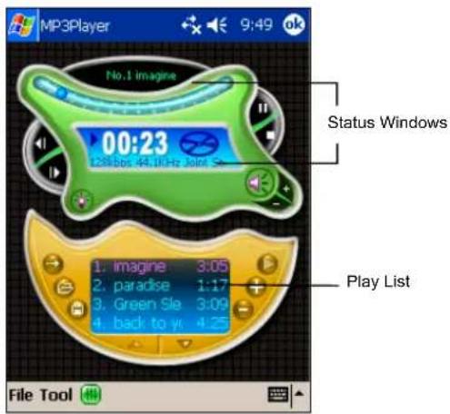 MP3Player 9:49 ok No.1 imagine 00:23 128.bos 45.1kHz Joint Se Status Windows Play List 1. imagine 3:05 2. paradise 1:17 3. Green Sle 3:09 4. back to y 4:25 File Tool