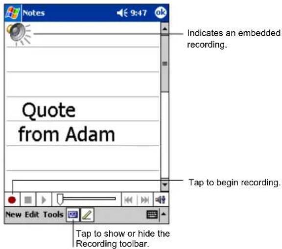 Notes 9:47 ok Indicates an embedded recording. Quote from Adam Tap to begin recording. New Edit Tools Tap to show or hide the Recording toolbar.