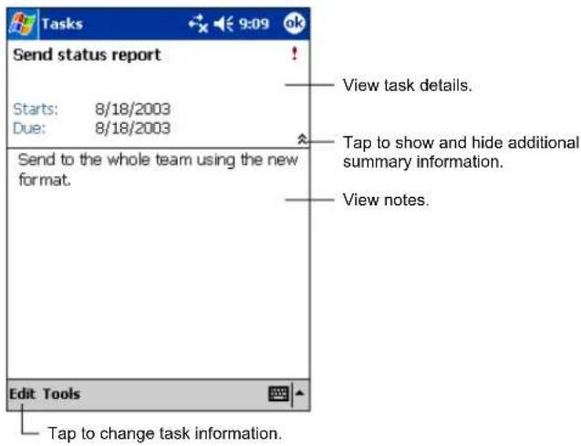 Tasks Send status report Starts: 8/18/2003 Due: 8/18/2003 Send to the whole team using the new format. Edit Tools Tap to change task information. View task details. Tap to show and hide additional summary information. View notes.