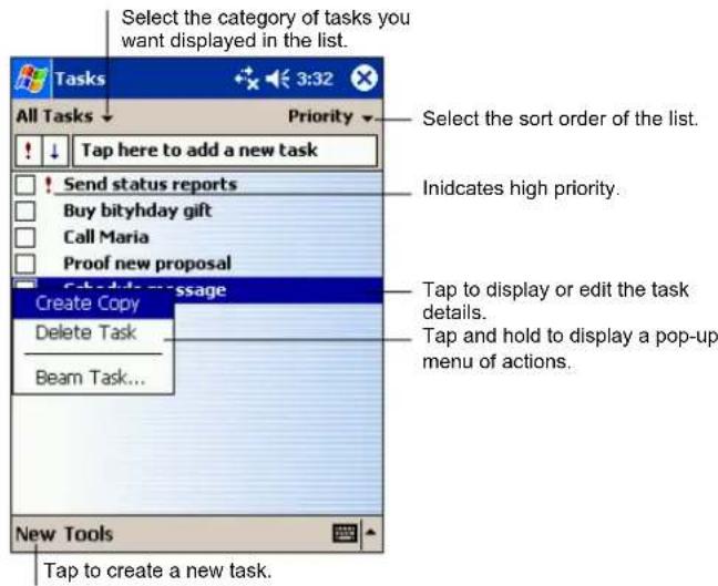 Select the category of tasks you want displayed in the list. All Tasks Priority Tap here to add a new task Send status reports Buy bityhday gift Call Maria Proof new proposal Create Copy Delete Task Beam Task... New Tools Tap to create a new task. Select the sort order of the list. Indicates high priority. Tap to display or edit the task details. Tap and hold to display a pop-up menu of actions.