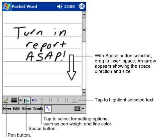 Turn in report ASAP! With Space button selected, drag to insert space. An arrow appears showing the space direction and size. Tap to highlight selected text. New Edit View Tools Tap to select formatting options, such as pen weight and line color. Space button. Pen button.