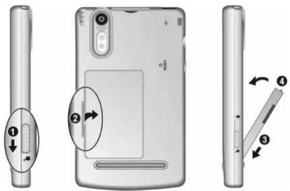 Diagram showing the internal components of a smartphone with labeled parts and directional arrows indicating assembly or disassembly.