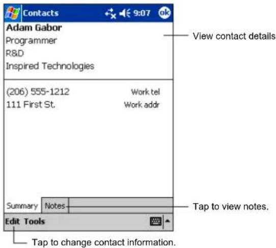 Contacts Adam Gabor Programmer R&D Inspired Technologies (206) 555-1212 Work tel 111 First St. Work addr Summary Notes Edit Tools Tap to change contact information. View contact details. Tap to view notes.