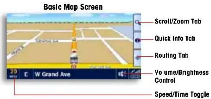 Basic Map Screen Scroll/Zoom Tab Quick Info Tab Routing Tab Volume/Brightness Control Speed/Time Toggle