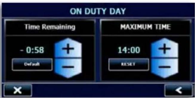 ON DUTY DAY Time Remaining - 0:58 Default MAXIMUM TIME 14:00 RESET ×