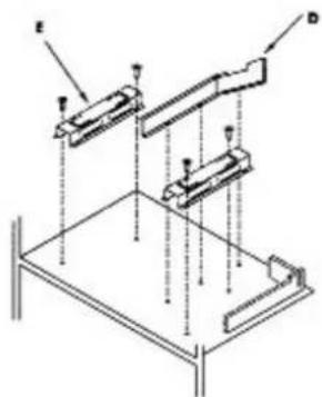 Technical diagram of a mechanical assembly with labeled components E and D, showing alignment and assembly steps.