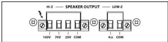 HI-Z — SPEAKER OUTPUT — LOW-Z 100V 70V 25V COM 4Ω COM