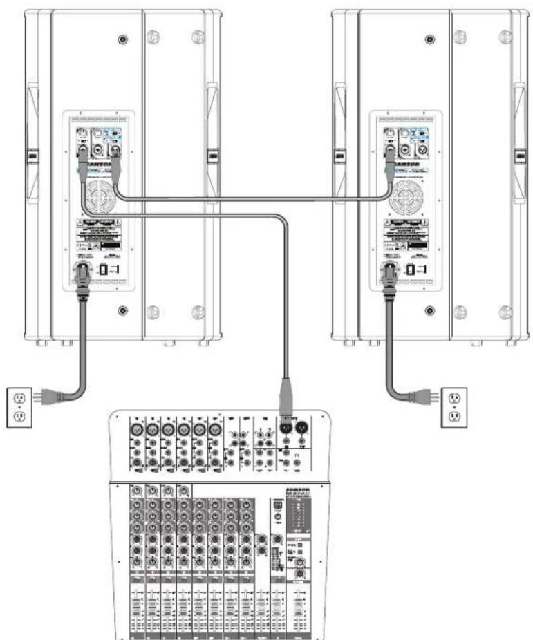 Technical diagram showing cable connections between two electrical modules with labeled connectors and terminal blocks
