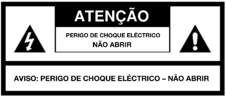 ATENÇÃO PERIGO DE CHOQUE ELÉCTRICO NÃO ABRIR AVISO: PERIGO DE CHOQUE ELÉCTRICO – NÃO ABRIR