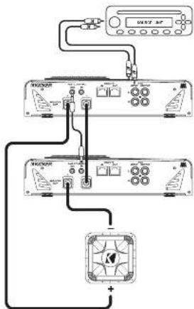 Diagram showing connections between audio equipment modules and a display unit, with labels for 'M200R' and '+'.