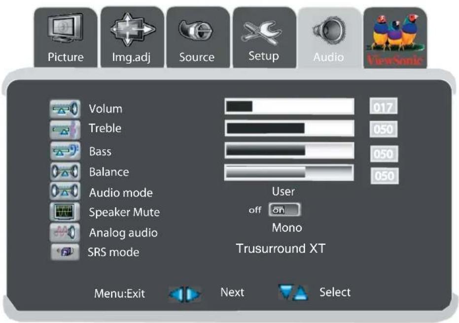 Picture Img.adj Source Setup Audio ViewSonic Volum 017 Treble 050 Bass 050 Balance 050 Audio mode User off on Speaker Mute Mono Analog audio Trusurround XT SRS mode Menu:Exit Next Select