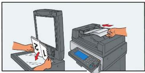 Illustration showing hands printing a document into a printer, with red arrows indicating the process.