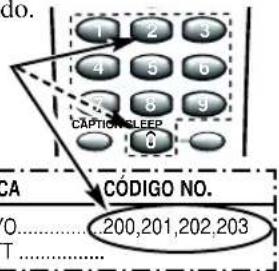 1 2 3 4 5 6 8 9 CAPTIC/SLEEP 0 CA CÓDIGO NO. 0....200,201,202,203 T......