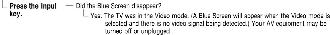 Press the Input — Did the Blue Screen disappear? key. Yes. The TV was in the Video mode. (A Blue Screen will appear when the Video mode is selected and there is no video signal being detected.) Your AV equipment may be turned off or unplugged.