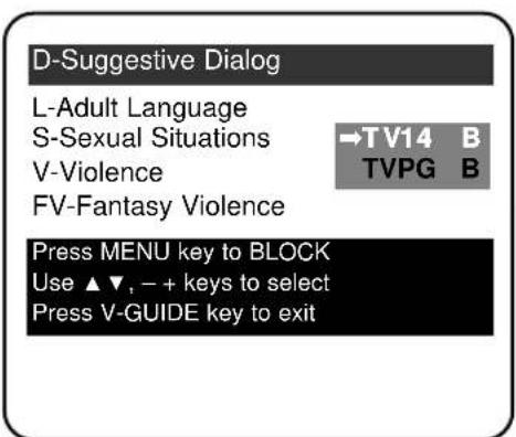 D-Suggestive Dialog L-Adult Language S-Sexual Situations V-Violence FV-Fantasy Violence →TV14 B TVPG B Press MENU key to BLOCK Use ▲▼, - + keys to select Press V-GUIDE key to exit