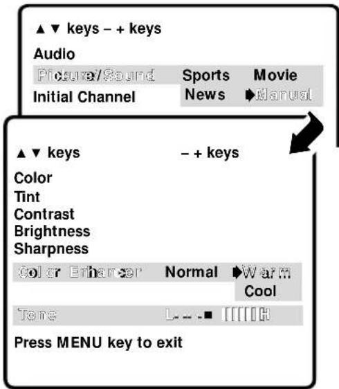 ▲▼ keys - + keys Audio Picture/Sound Sports Movie Initial Channel News Manual ▲▼ keys - + keys Color Tint Contrast Brightness Sharpness Color Enharser Normal Warm Cool Tone L- - ■ IHTIH Press MENU key to exit