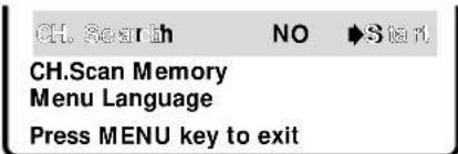 CH. Search NO Start CH.Scan Memory Menu Language Press MENU key to exit