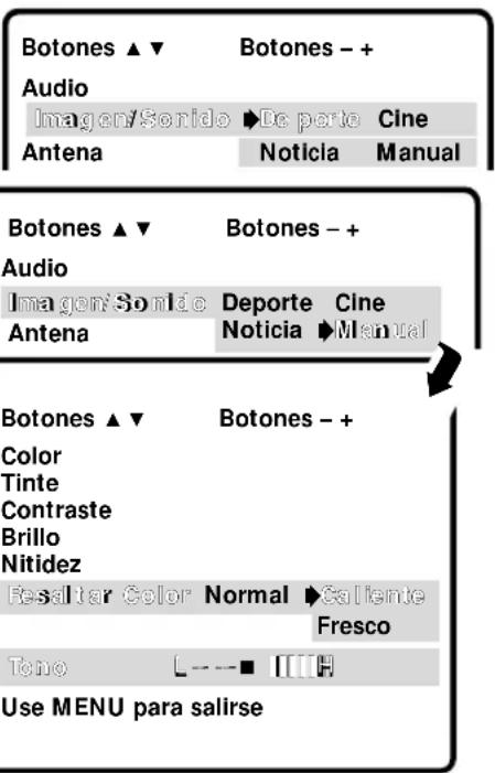 Botones ▲▼ Audio Imagen/Sorido ▶De parte Cine Antena Noticia Manual Botones ▲▼ Audio Imagen Sonide Deporte Cine Antena Noticia Manual Botones ▲▼ Color Tinte Contraste Brillo Nitidez Fesaltar Color Normal Callente Fresco Tono L --- ■ III H Use MENU para salirse