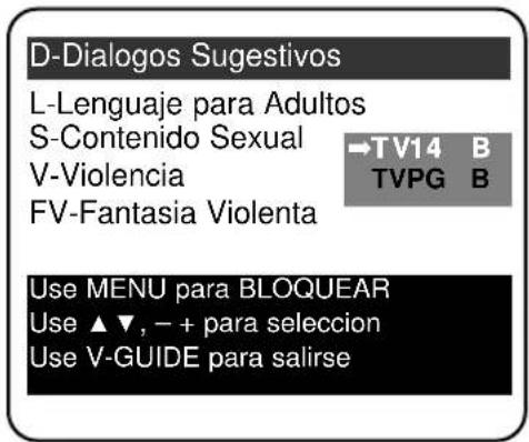 D-Dialogos Sugestivos L-Lenguaje para Adultos S-Contenido Sexual V-Violencia FV-Fantasia Violenta →TV14 B TVPG B Use MENU para BLOQUEAR Use ▲▼, − + para seleccion Use V-GUIDE para salirse