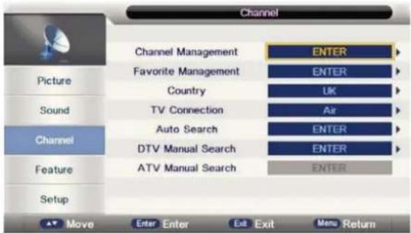 Channel Picture Sound Channel Feature Setup Channel Management Favorite Management Country TV Connection Auto Search DTV Manual Search ATV Manual Search ENTER ENTER UK Air ENTER ENTER ENTER ENTER Move Enter Enter Exit Exit Menu Return