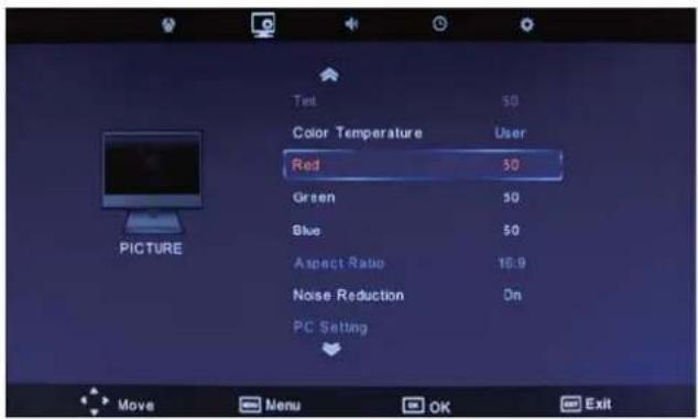 Test 50 Color Temperature User Red 50 Green 50 Blue 50 Aspect Ratio 16.9 Noise Reduction On PC Setting Move Menu OK Exit