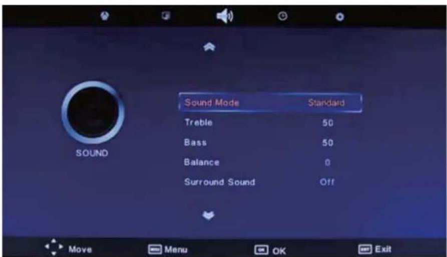 Sound Mode Standard Treble 50 Bass 50 Balance 0 Surround Sound Off
