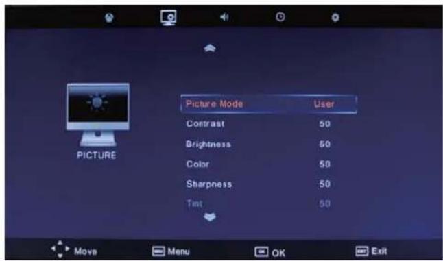 Picture Mode User Contrast 50 Brightness 50 Color 50 Sharpness 50 Text 50
