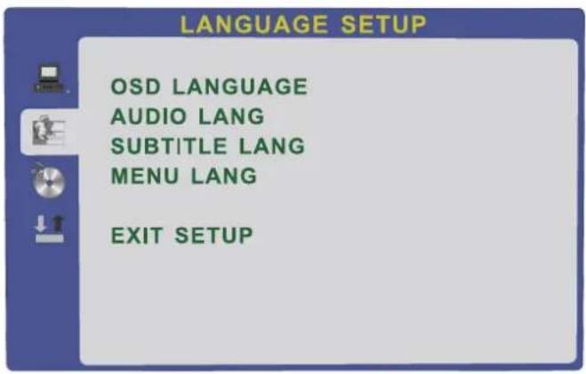 LANGUAGE SETUP OSD LANGUAGE AUDIO LANG SUBTITLE LANG MENU LANG EXIT SETUP