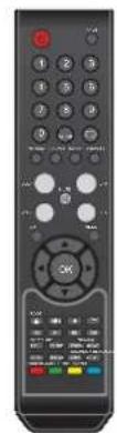 Black remote control device with labeled buttons and status indicators