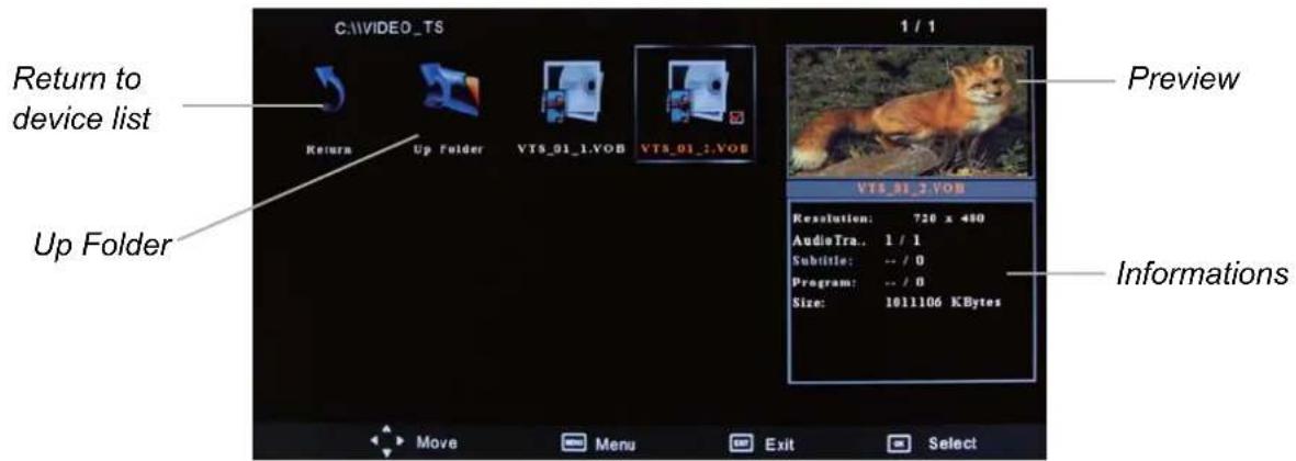 C:\VIDEO_TS 1 / 1 Preview Return to device list Return Up Folder VT5_01_1.VOB VT5_01_2.VOB Up Folder VTS_01_3.VOB Resolution: 720 x 480 AudioTra.. 1 / 1 Subtitle: -- / 0 Program: -- / 0 Size: 1011106 KBytes Informations Move Menu Exit Select