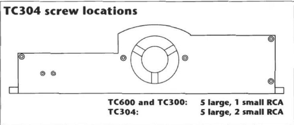 TC304 screw locations TC600 and TC300: 5 large, 1 small RCA TC304: 5 large, 2 small RCA