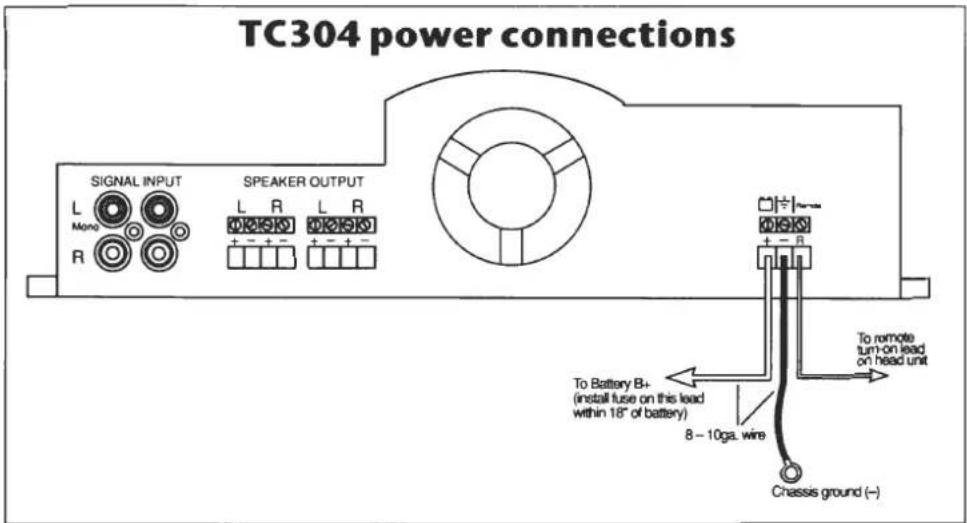 TC304 power connections SIGNAL INPUT L Mono R SPEAKER OUTPUT L R L R + - + - + - + To Battery B+ (install fuse on this lead within 18" of battery) 8-10gal. wire To remote turn-on lead on head unit Chassis ground (-)