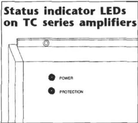 Status indicator LEDs on TC series amplifiers POWER PROTECTION