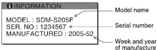 INFORMATION MODEL : SDM-S205F SER. NO : 1234567 MANUFACTURED : 2005-52 Model name Serial number Week and year of manufacture