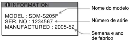 INFORMATION MODEL : SDM-S205F SER. NO : 1234567 MANUFACTURED : 2005-52 Nome do modelo Número de série Semana e ano de fabrico