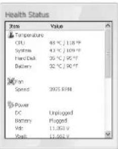 Health Status Item Value Temperature CPU 48 °C / 1.08 °F Systems 43 °C / 109 °F Hard Disk 35 °C / 96 °F Batteries 32 °C / 90 °F Fan Speed 3975 RPM Power DC Unplugged Battery Plugged Vdc 11,360 V Volt 11,662 V