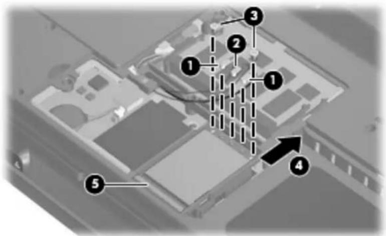 Diagram of a computer motherboard with numbered components and an arrow indicating a specific location or connection point.
