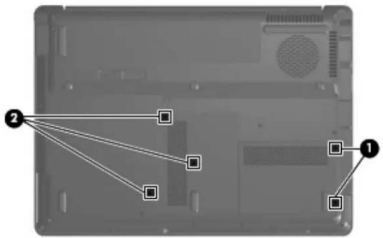 Diagram of a laptop back panel with labeled components and connecting lines, showing numbered annotations.
